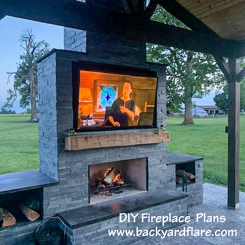 DIY Outdoor Fireplace with river rock veneer